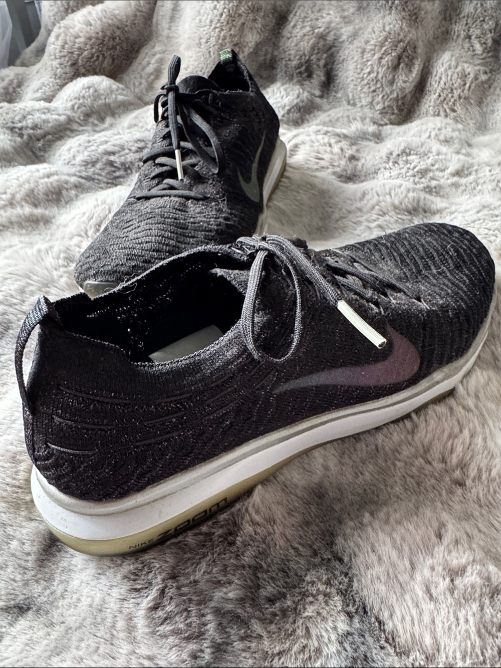 Women’s Black Knit Athletic Shoes with Purple and Light Green Swoosh